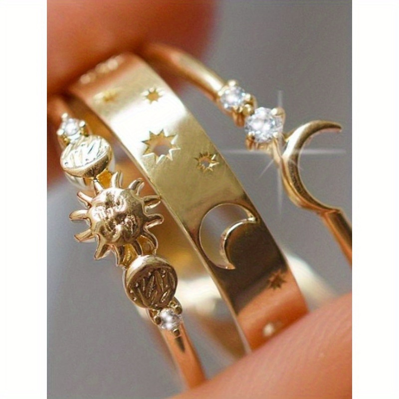 Moon & Sun CZ Stackable Rings Set Golden Tone Bohemian Gift for Her